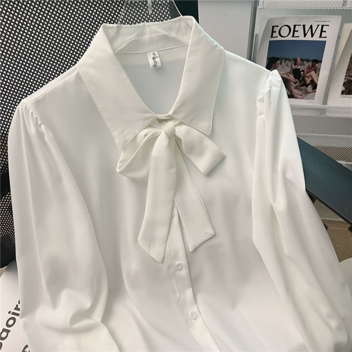 Lantern%20Sleeve%20Elegant%20Spring%20and%20Autumn%20Bow%20Shirt%20White%20Chiffon%20Shirt%20Women's%20Formal%20Wear%20Lace-up%20Fashionable%20Professional%20Top%20-%20Image%203
