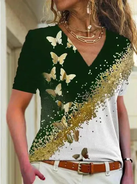 2023%20New%20Summer%20New%20Women%20T%20Shirt%203d%20Flower%20Print%20V-neck%20Short%20Sleeve%20Blouse%20Fashion%20Plus%20Size%20T-shirts%20For%20Women%20Clothing%20Y2k%20-%20Image%203