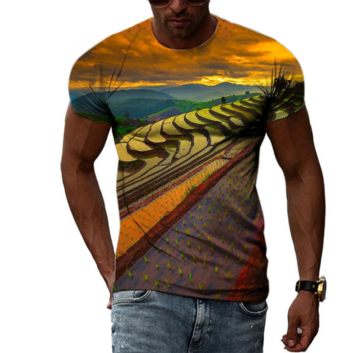 Summer%20New%20Terrace%20Pattern%20Printed%20Men's%20T-shirt%20Casual%20Pastoral%20Quality%20Short-sleeved%20Classic%20Round%20Neck%20Loose%20Quick-drying%20Top%20-%20Image%206