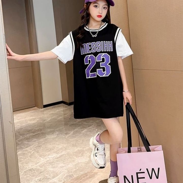 Summer Girls T T-shirt Skirt Mid-Length Korean Style False Two-Piece Basketball Wear Loose Fried Street Girls Sports Dress