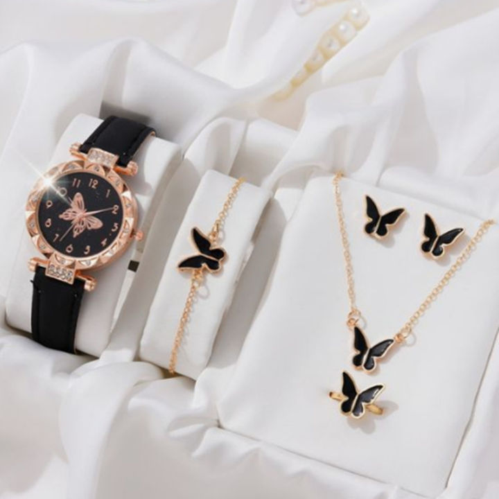 The New Women's Bracelet Watch Is A Stylish Simple Butterfly Five-piece Watch Set Qoddess