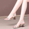 Summer New Sandals Women's Summer Mid Heel Soft Leather Plaid Flower Niche Shoes Retro Women's Shoes French High Heels.