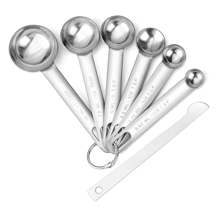 Stainless Steel Measuring Spoons Cups Set, Small Tablespoon, Teaspoons, Set 6 with Bonus Leveler, for Dry and Liquid