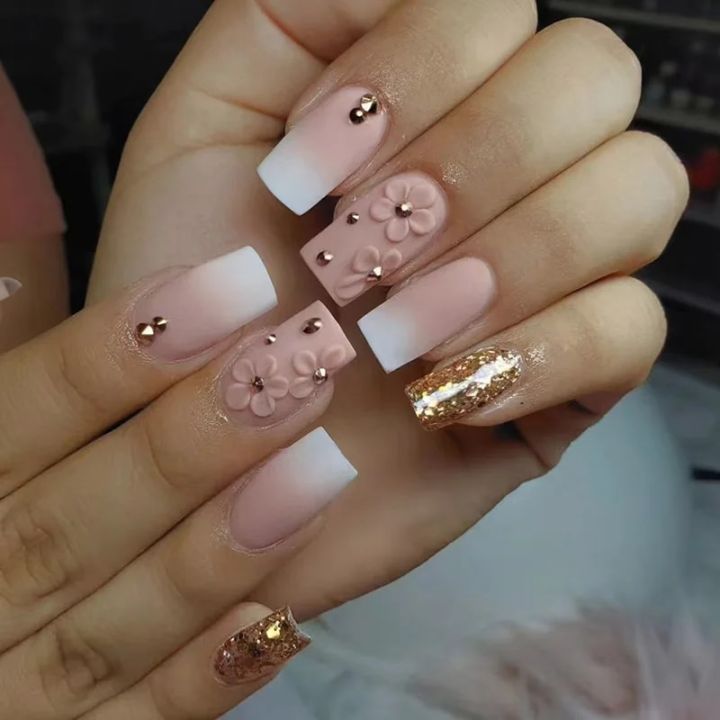 24Pcs Mid-length French False Nail with Diamond Gradient Square Press on Nails Flower Design Nail Wearable Manicure Tools