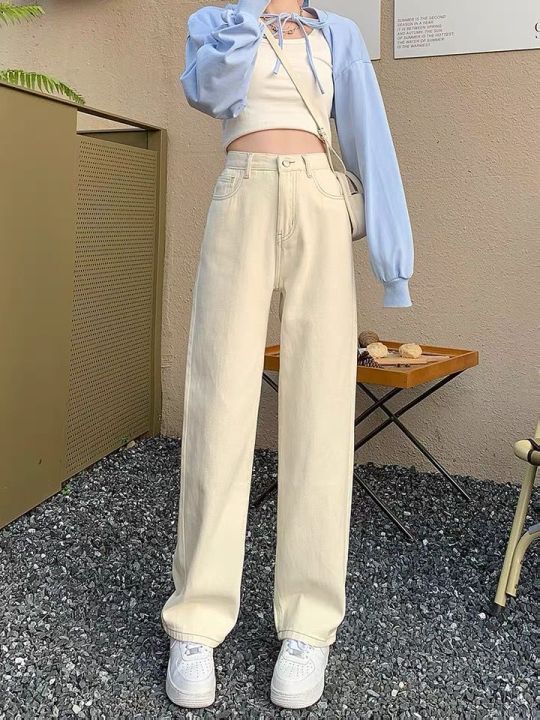 Off-White%20Micro%20Wide-Leg%20Jeans%20Women's%20High%20Waist%20Slimming%20Loose%20Apricot%20All-Match%20Draping%20Elastic%20Waist%20Student%20Black%20Pants%20-%20Image%207