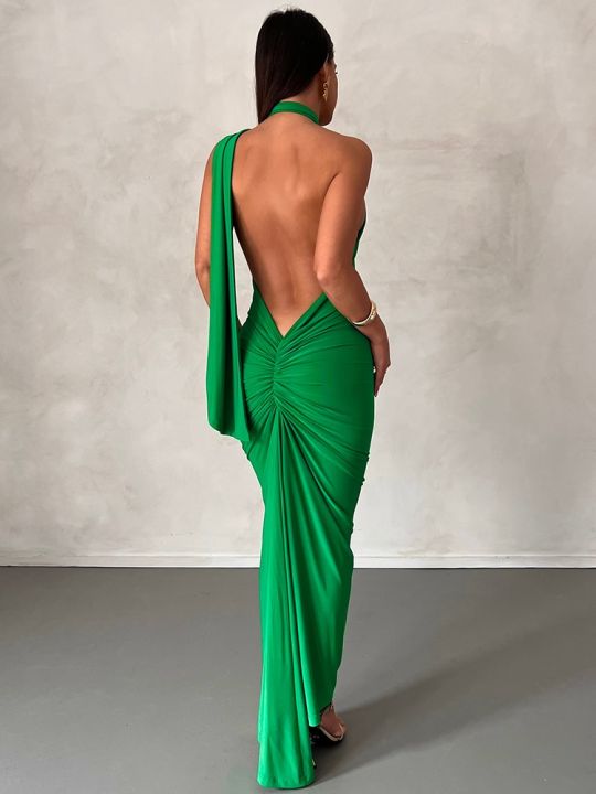Halter%20Backless%20Maxi%20Dresses%20For%20Women%20Summer%202023%20Elegant%20Mermaid%20Long%20Party%20Evening%20Dress%20Bandage%20Ruched%20Bodycon%20Dress%20White%20-%20Image%206