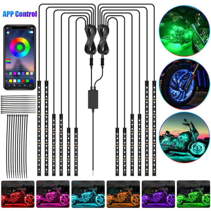 RGB color changing Motorcycle lights Long-lasting App control 12 pieces LED strip kit Neon effect Easy installation Under glow
