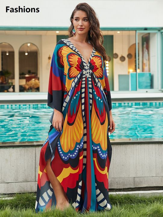 Fashions Plus Size Kaftan Dresses for Women Print Beach Bikini Swimsuit Caftan mumu Dress Batwing Sleeve Cover Up