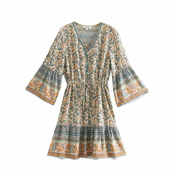 Vintage chic women hippie floral print tassel V-neck Bohemian mini