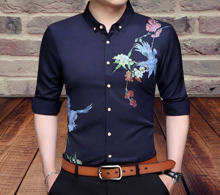 Blue Cotton Long Sleeve Shirt for Men