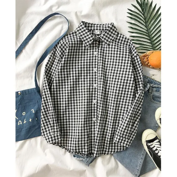 Black%20and%20White%20Plaid%20Shirt%20Female%20Spring%20and%20Autumn%20Fashion%20Thin%20Student%20Loose%20Long%20Sleeve%20Hong%20Kong%20Style%20Retro%20Design%20Sense%20All-Matching%20Shirt%20-%20Image%209