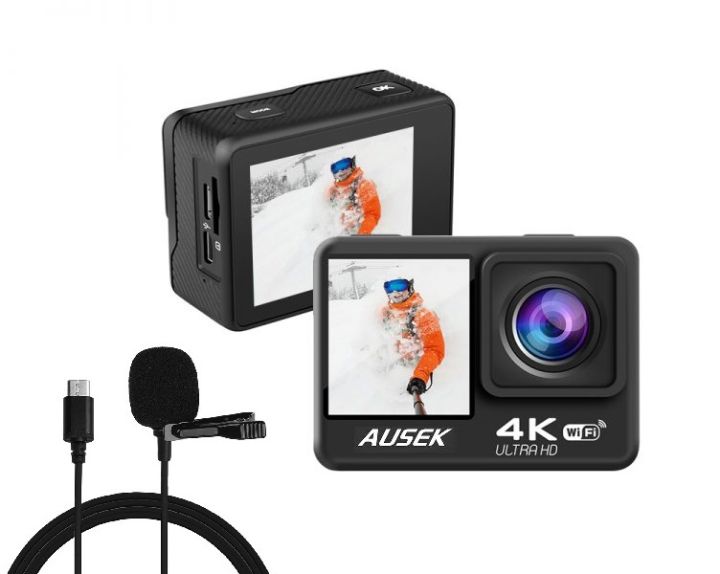 Ausek Q60TR 4K Ultra HD Touch Dual Screen selfie-time action camera With Extranal microphone