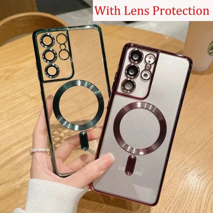Plating Magnetic Magsafe Case For Samsung Galaxy S23 S20 S21 S22 Plus Ultra FE Note 20 10 Wireless Charge Transparent Soft Cover