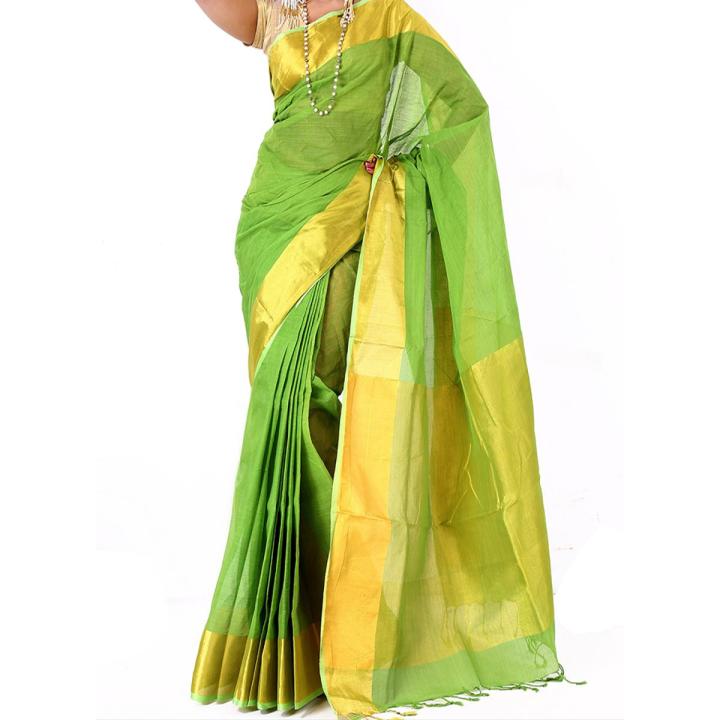 Tangail Tat মহিলাদের জন্য সবুজ এবং সোনালী রঙের সুতির শাড়ি