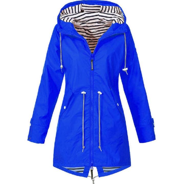 Women Waterproof Zipper Rain Jacket Solid Color Ladies Outdoor