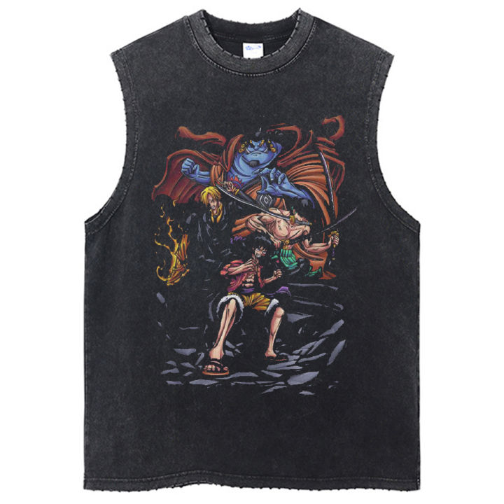 Vintage Vest Washed T-Shirt Anime One Piece Graphic Tank Top Cotton Sleeveless Streetwear Loose Trend T Shirt Men's Clothing