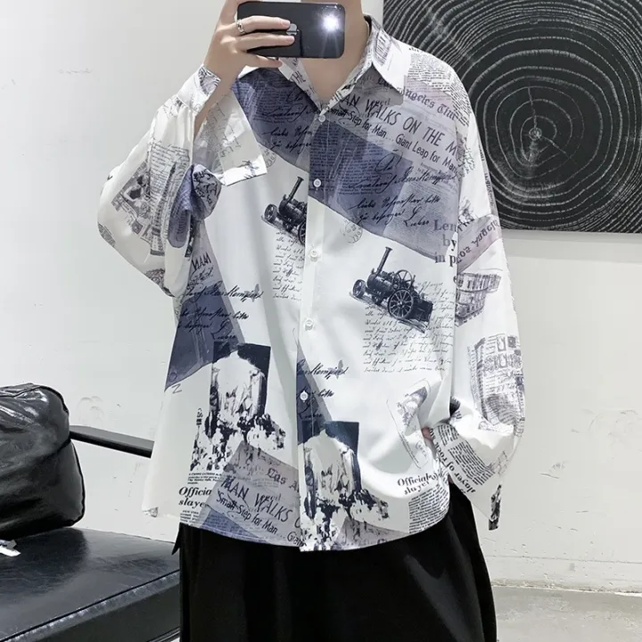 Spring%20and%20Autumn%20New%20Hong%20Kong%20Style%20Long-Sleeved%20Shirt%20chic%20Men's%20Design%20Sense%20Newspaper%20Printing%20Trendy%20Couple%20Shirt%20Coat%20-%20Image%202