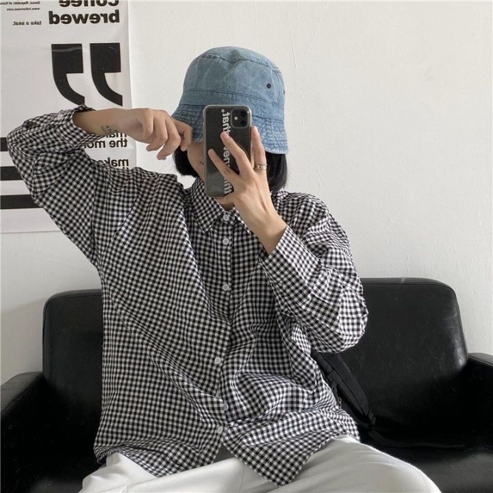 Black and White Plaid Shirt Female Spring and Autumn Fashion Thin Student Loose Long Sleeve Hong Kong Style Retro Design Sense All-Matching Shirt