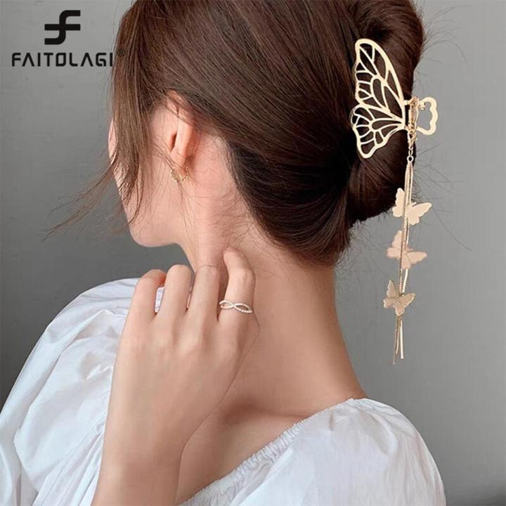 Crystal Butterfly Tassel Hair Clip for Women Gold Color Luxurious Hairpins Korean Style Simple Elegant Female Wedding Hair Accessories