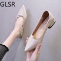 Women Pumps Shoes Office Lady Med Square Heel Pointy Toe Slip On Work Shoes Classic Heel 4 cm. 