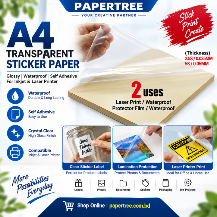 A4 Transparent Clear Sticker Paper Glossy Waterproof Self Adhesive Label Paper for Inkjet & Laser Printer