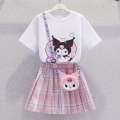 Girls' JK New Fashionable Short Sleeve Academy Style Pleated Skirt Kuromi Princess Dress Summer Two Piece Set. 