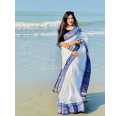 White and Blue Half Silk Saree for Women - Eye-Catching Design, Perfect for Special Occasions. 