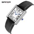 Sanda 1108 2023 Rectangular Couple Watch Silver Case Watch Luxury Brand Fashion Leather Strap Quartz Clock Zegarek damski. 
