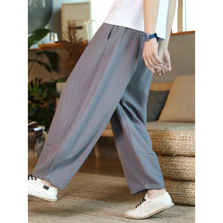 Spring and Summer Linen Pants Men's Loose Style plus Size Overweight Man Wide-Leg Pants Big Crotch Pants Lantern Harem Pants Casual Trousers