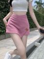 Hong Kong Style Pure Pink Skirt Women's Summer Design IrregularAWord SkirtinsHot Girl Short Skirt High Waist Skirt.