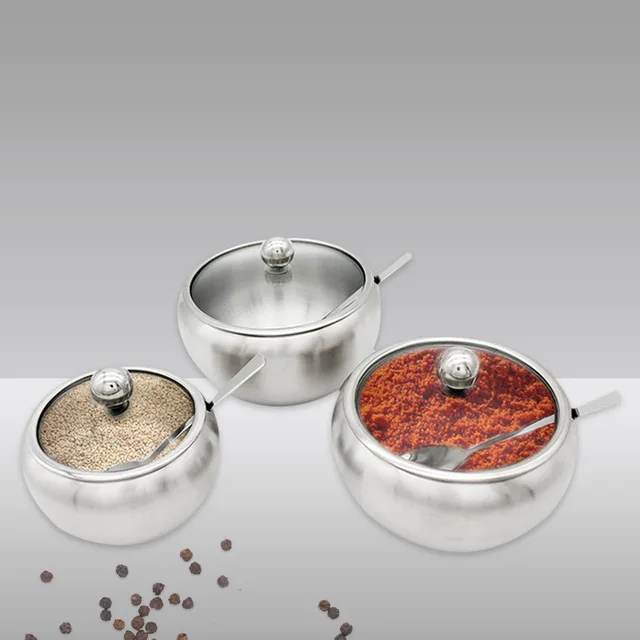 Kitchen Seasoning Box Stainless Steel salt/ Sugar Bowl With Glass Clear Lid and Spoon