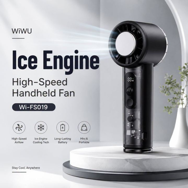 WiWU FS019 Ice Engine Turbo Fan 3000mah – Portable Handheld Cooling Fan with Ice Cooling Technology