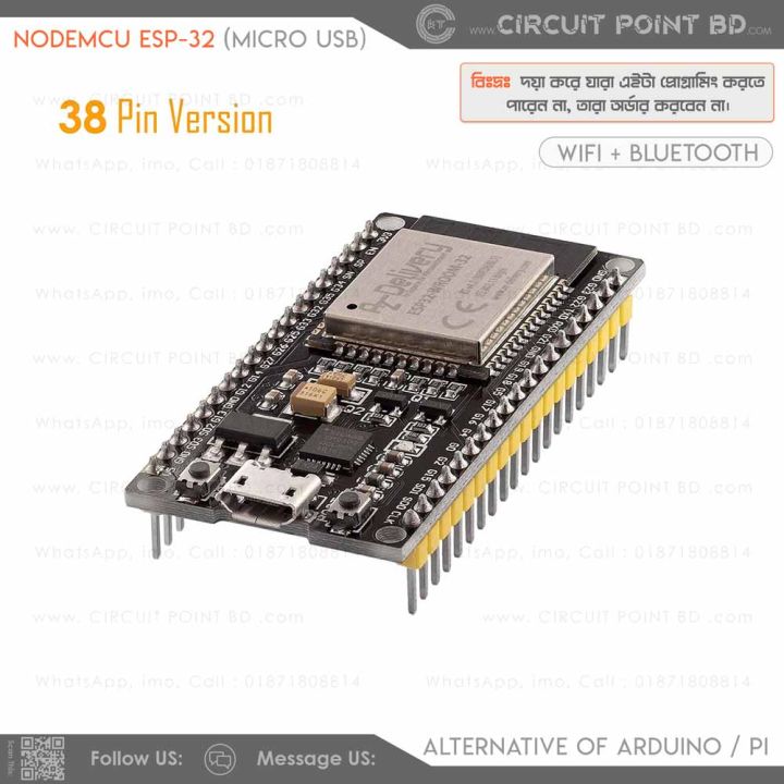 ESP32 ESP32S NodeMcu Wroom - 38 Pin Big Size Version Built-in WIFI + BLUETOOTH Module Dual Core 32BIT, 240MHZ for Robotics, IOT, DIY Electronic. Alternative of Arduino and Raspberry pi.