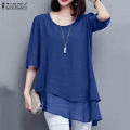 ZANZEA Women Summer 3/4 Sleeve Plain Layered Asymmetric Hem O Neck Loose Tops Blouse #11. 