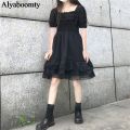 Japanese Harajuku Summer Women Black Mini Dress Square Collar High Waist Puff Sleeve Dress Gothic Lace Ruffles Cosplay Dresses. 