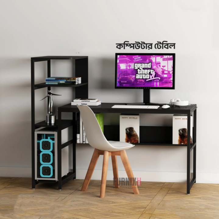 48" Computer Desk with Display Rack & Corner Bookshelf, Reversible Home Office Workstation for Study, Writing, Gaming & Work