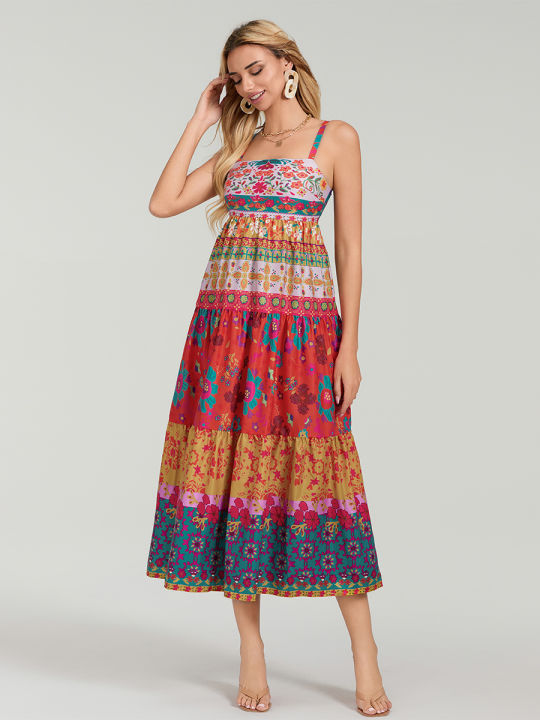 Women%20Floral%20Patch%20Maxi%20Dress%20Sleeveless%20Square%20Neck%20Boho%20Long%20Dress%20Backless%20Spaghetti%20Strap%20Side%20Slit%20Beach%20Sundress%20Shapewear%20-%20Image%203