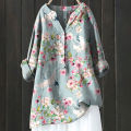2024 Vintage Floral Art Print Linen Shirts Summer Women Casual Trendy V Neck Dressy Blouses Long Sleeve Button Tunic Long Tops.
