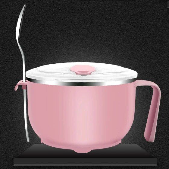 【Cathery Baby Store】Large Capacity 304 Stainless Instant Noodle Bowl Lunch With Lid Food Cup Children Japanese Spoon