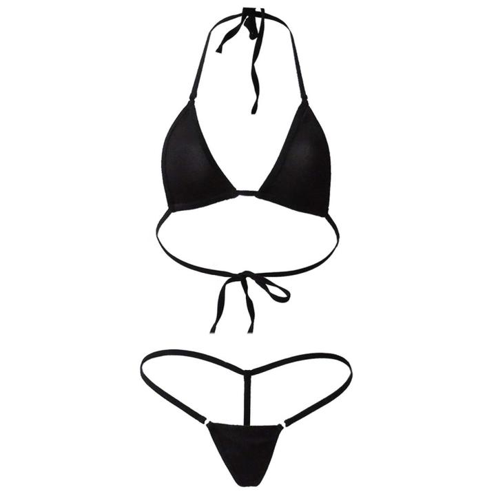2Pcs Lady Style Solid Color Halter Mini Bra G-String Bikini Set Swimwear Swimsuit