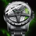 Binbond rotation wheel watch for man spinning rim hub quartz wristwatch male full black stainless steel reloj rotating skeleton dial clock. 