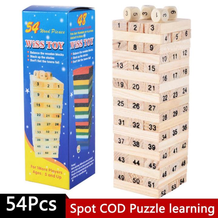 54 Pcs Mini Wooden Number Stacking Jenga Tower Building Block Kid Toys