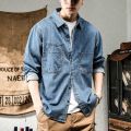 Spring and Autumn Washed Denim Shirt Men's American Retro Casual Korean Style Work Clothes Loose Ruffle Cool and Wild Shirt. 