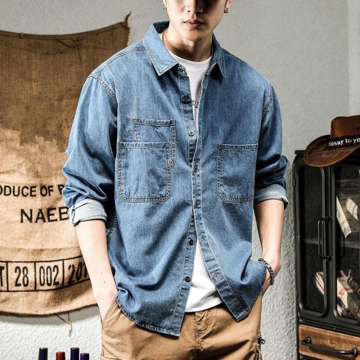 Spring%20and%20Autumn%20Washed%20Denim%20Shirt%20Men's%20American%20Retro%20Casual%20Korean%20Style%20Work%20Clothes%20Loose%20Ruffle%20Cool%20and%20Wild%20Shirt%20-%20Image%206