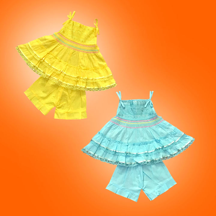 2 pieces Baby Girls Cotton Fency Frock set for cute baby dress (0-2 yers)