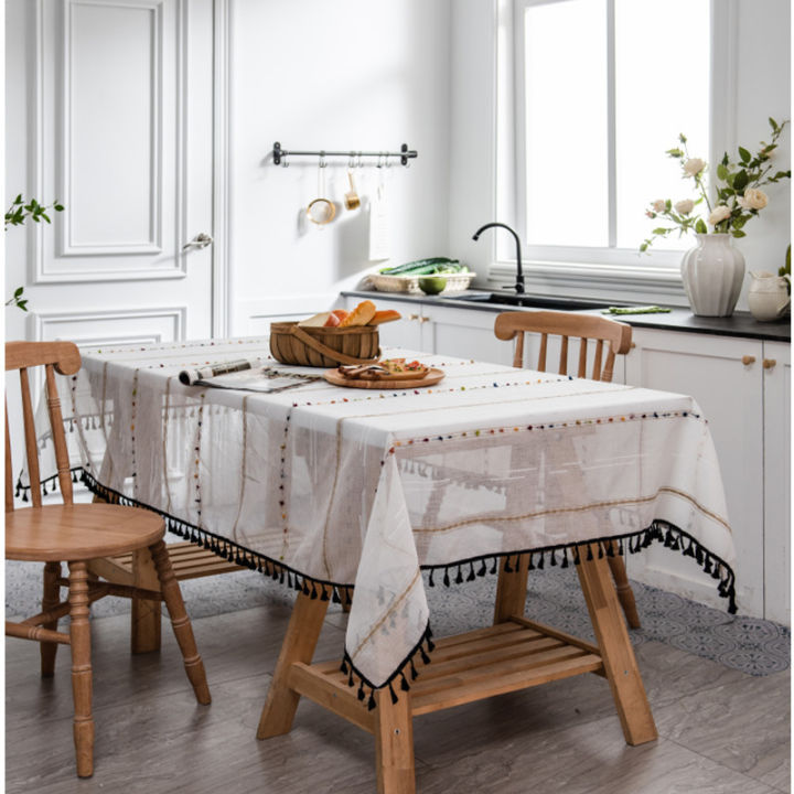 Le Xuan Xiu's new Nordic simple rainbow horizontal stripe jacquard tablecloth, coffee table cover towel, black tassel cotton and linen fabric