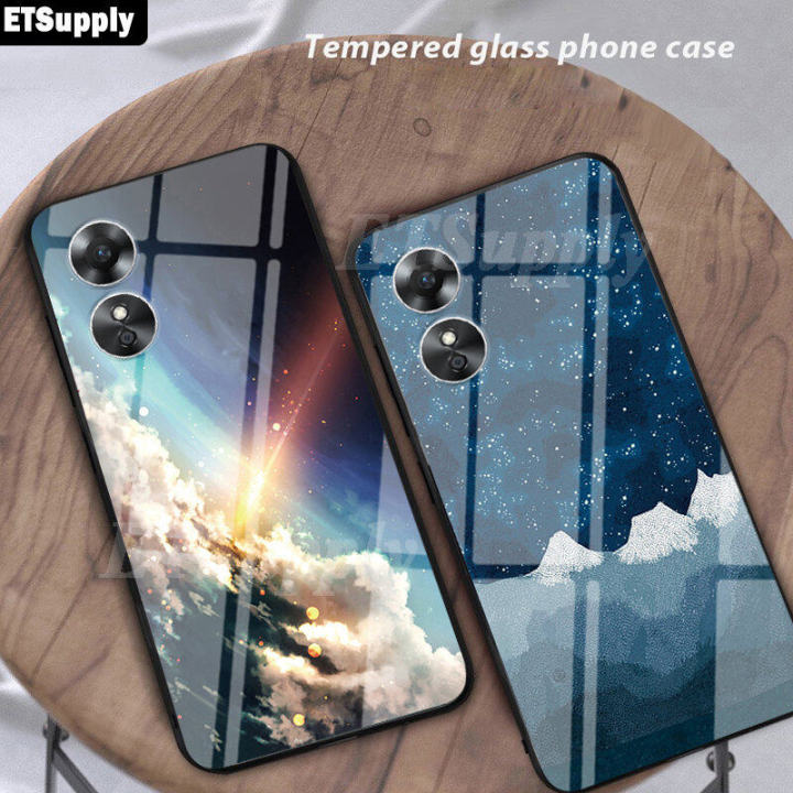 Phone Case OPPO A17K A17 Back Cover Starry Galaxy Moon Meteor Design Protective Back Tempered Glass Couple Cover OPPO A17K A17 Housing