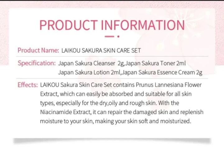 LAIKOU%20Japan%20Sakura%20Skin%20Care%20Mini%204%20Pcs%20Set%20(Face%20Cleanser%20/Toner/%20Lotion/%20Essence%20Cream)-2gm/Each%20-%20Image%206