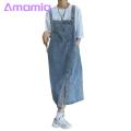 Denim Overall Dress Chic Suspender Denim Dress Trendy Collarless Bklessdi with ckets Split m Adjusle Straps Perfect for Stus soutast Buyers Denim Suspender Dress.