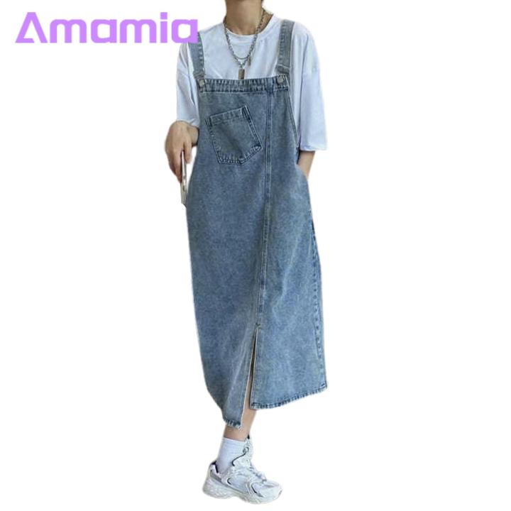 Denim Overall Dress Chic Suspender Denim Dress Trendy Collarless Bklessdi with ckets Split m Adjusle Straps Perfect for Stus soutast Buyers Denim Suspender Dress